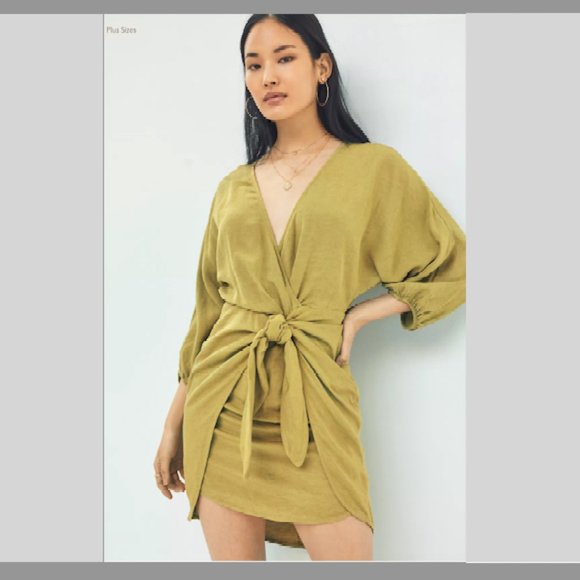 NWT ANTHROPOLOGIE | Puff-Sleeve Wrap Mini Dress Green 2P - Picture 1 of 8